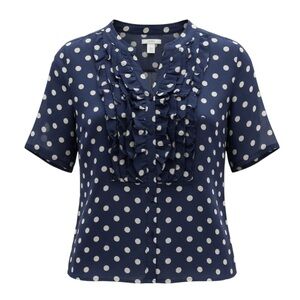 J. Crew 100% Silk Navy and Tan Sheer Polka Dot Blouse, Size 6 Like New